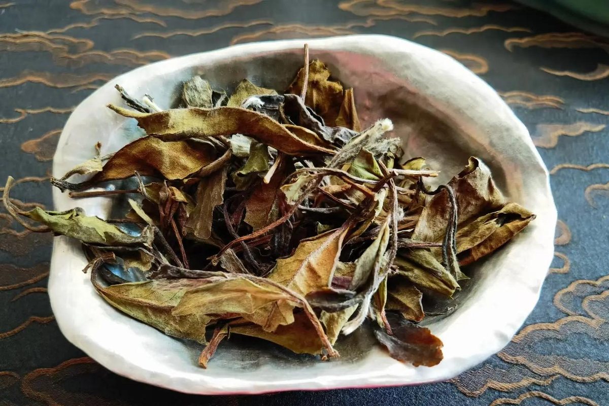 Bai Mudan white tea — one bud and two leaves, withered in the sun