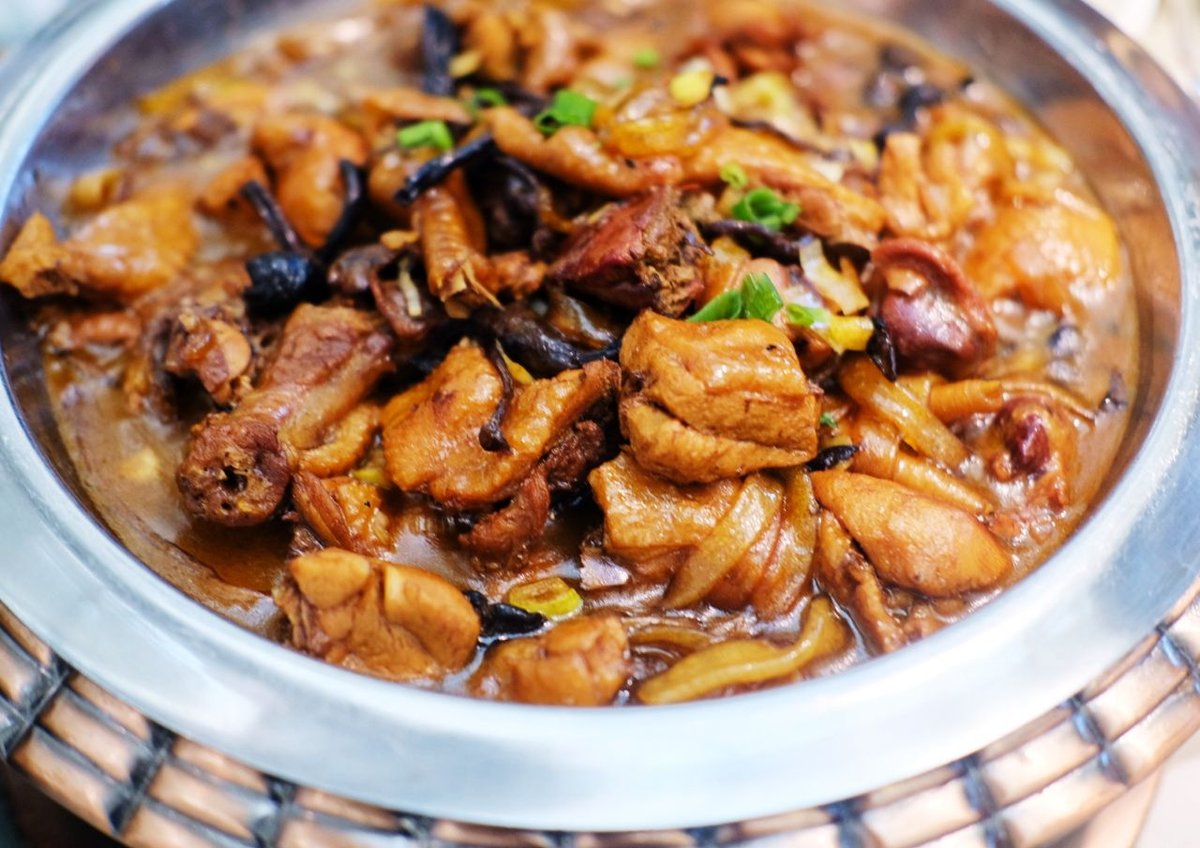 Chicken & Mushroom Stew close-up — dark dried mushrooms and translucent sweet-potato noodles in a dark broth