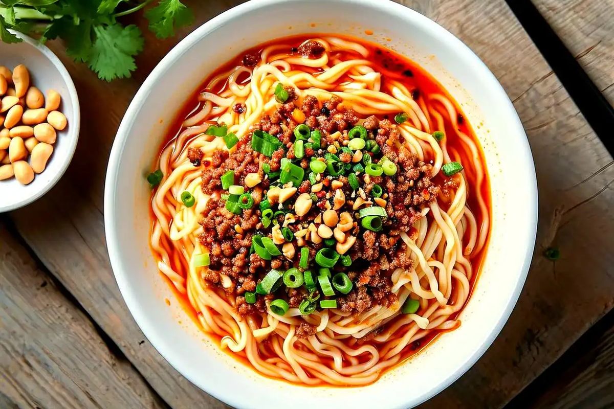 Dan Dan Noodles — a bowl of springy wheat noodles coated in sesame-chili sauce with minced pork and scallions