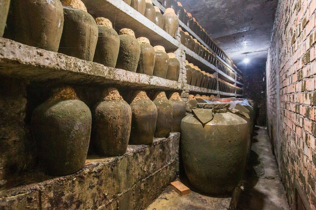 Mud-sealed earthenware wine jars resting on brick shelves in a dim Shaoxing cellar