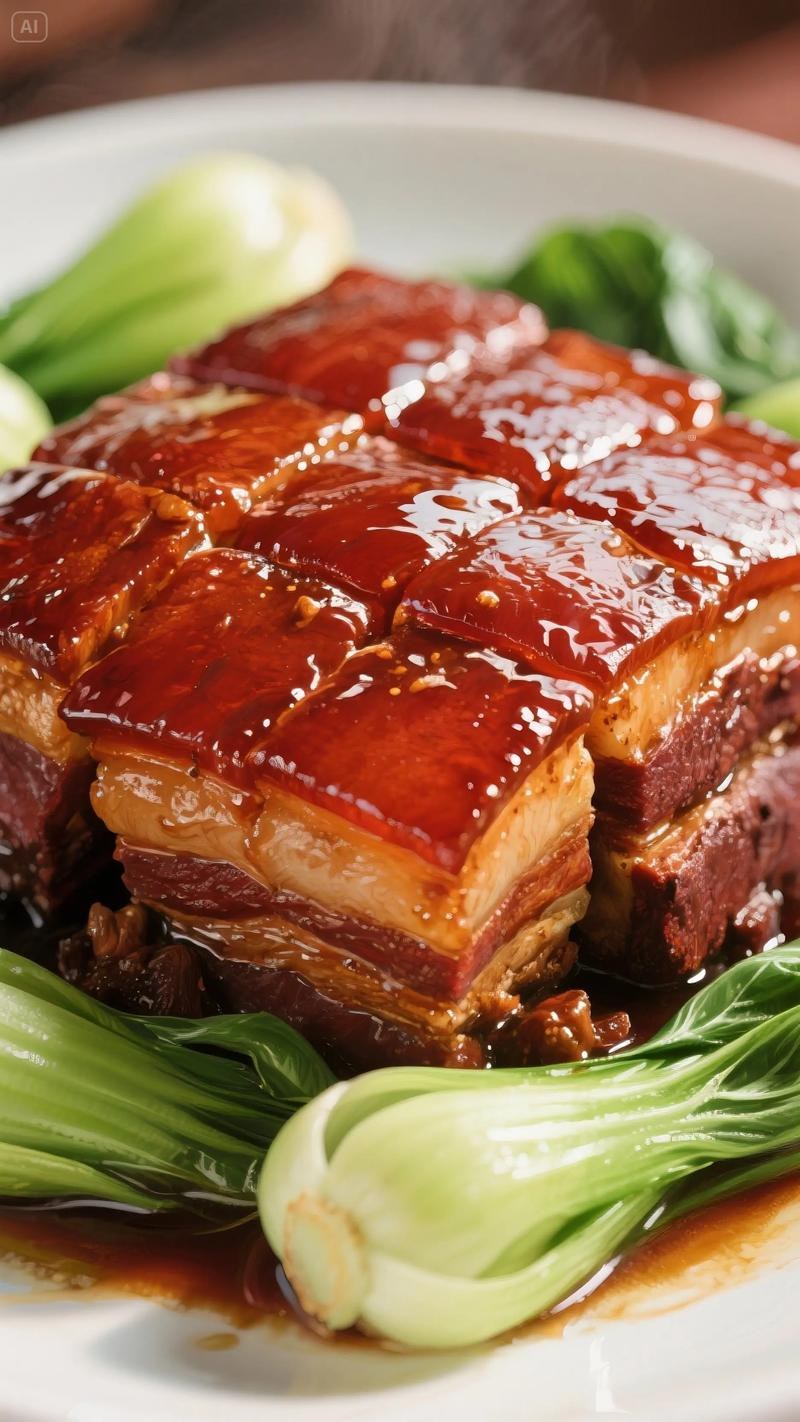 Dongpo Rou — four glistening cubes of pork belly in dark braising sauce, skin lacquered mahogany
