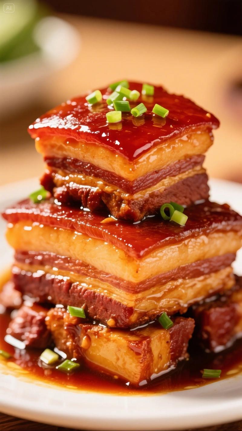 Dongpo Rou close-up — the trembling layers of skin, fat, and lean meat, sauce pooling beneath
