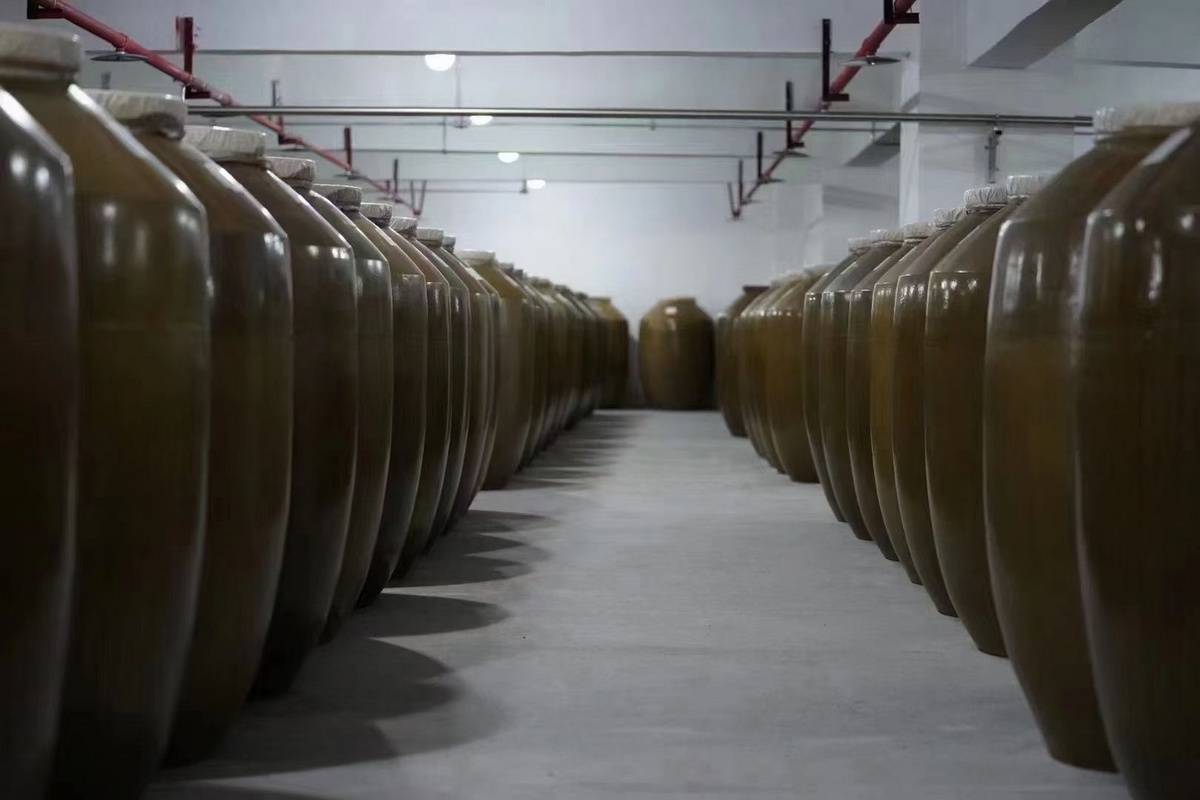 Rows of sealed ceramic storage jars in a dim baijiu aging cellar