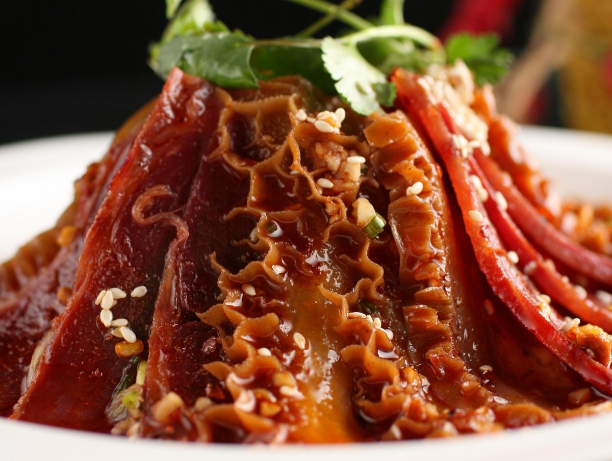 Fuqi Feipian close-up — the four textures in one bite: tripe, tendon, lean beef and the oil they swim in