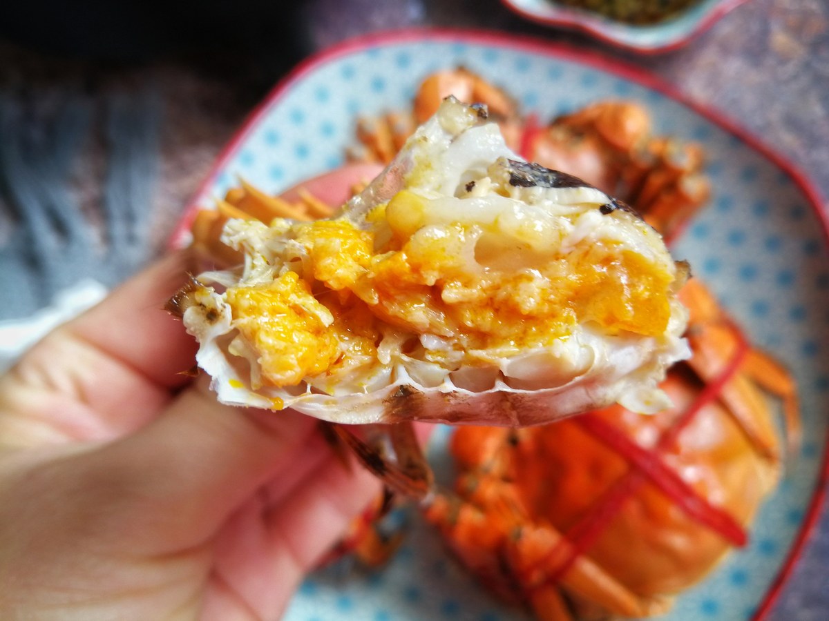 Hairy crab close-up — golden roe (蟹黄) under the shell, the reason September exists