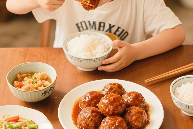 Lion&rsquo;s head meatball over white rice, dark sauce soaking in, chopsticks lifting a piece