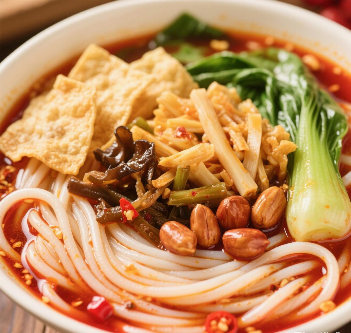 Luosifen close-up — rice noodles, sour bamboo shoot, fried yuba, wood ear and peanuts, the whole texture map