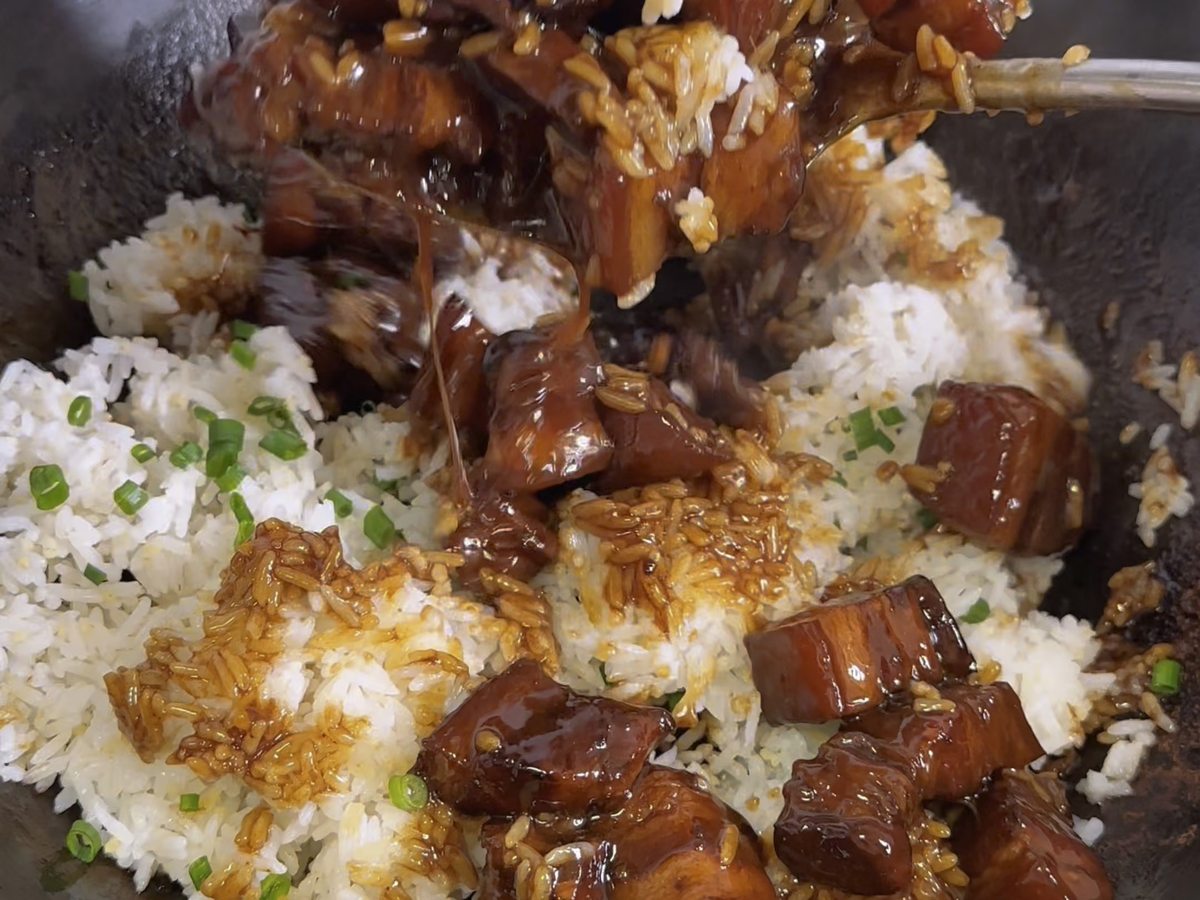 Red-braised pork over plain white rice, every grain stained red-brown