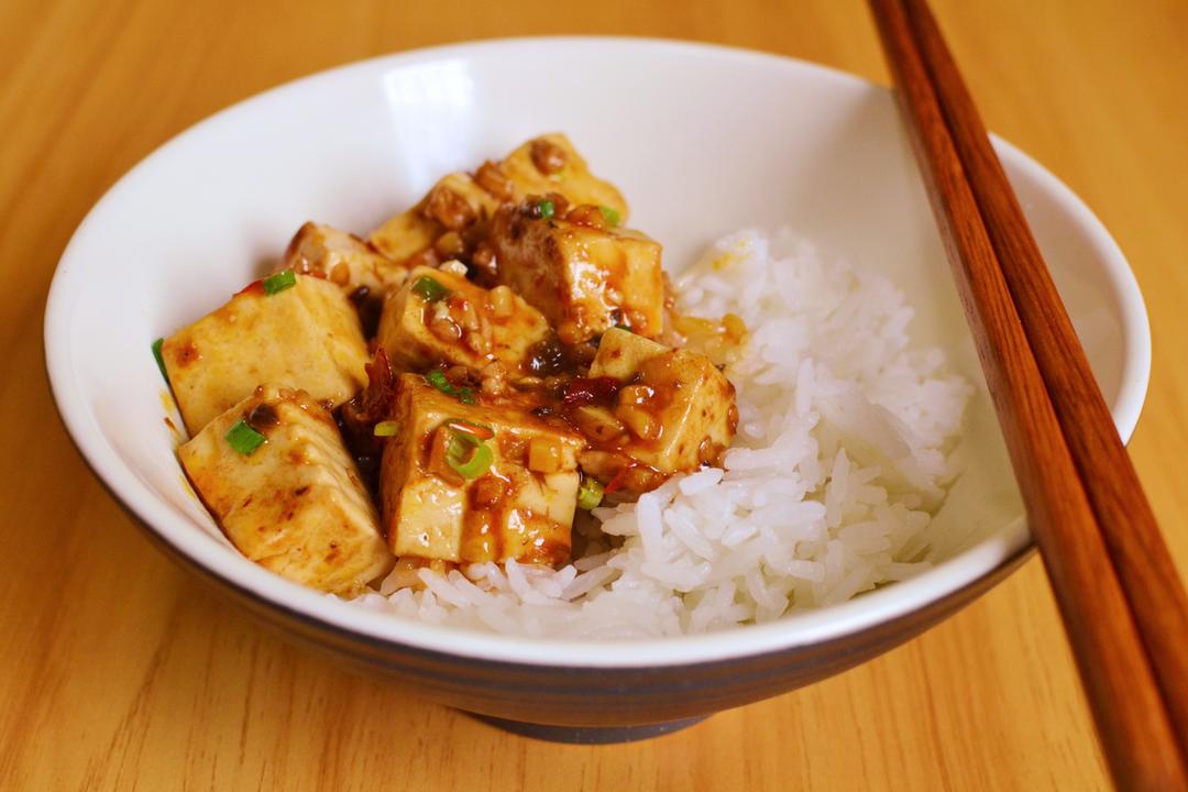 Mapo Tofu close-up — the trembling tofu, the crimson oil, the scallion confetti
