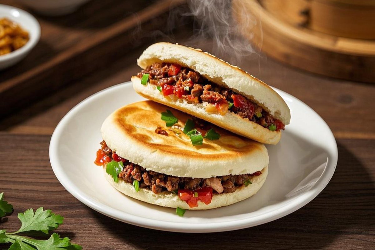 Rou Jia Mo — a stuffed flatbread with shredded braised pork spilling from the side on a street stall counter