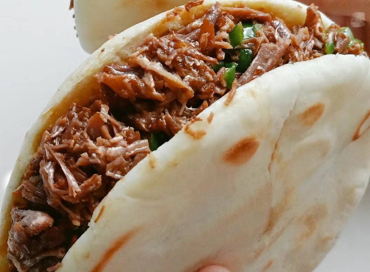 Rou Jia Mo close-up — the crisp, blistered flatbread with tender shredded pork visible inside