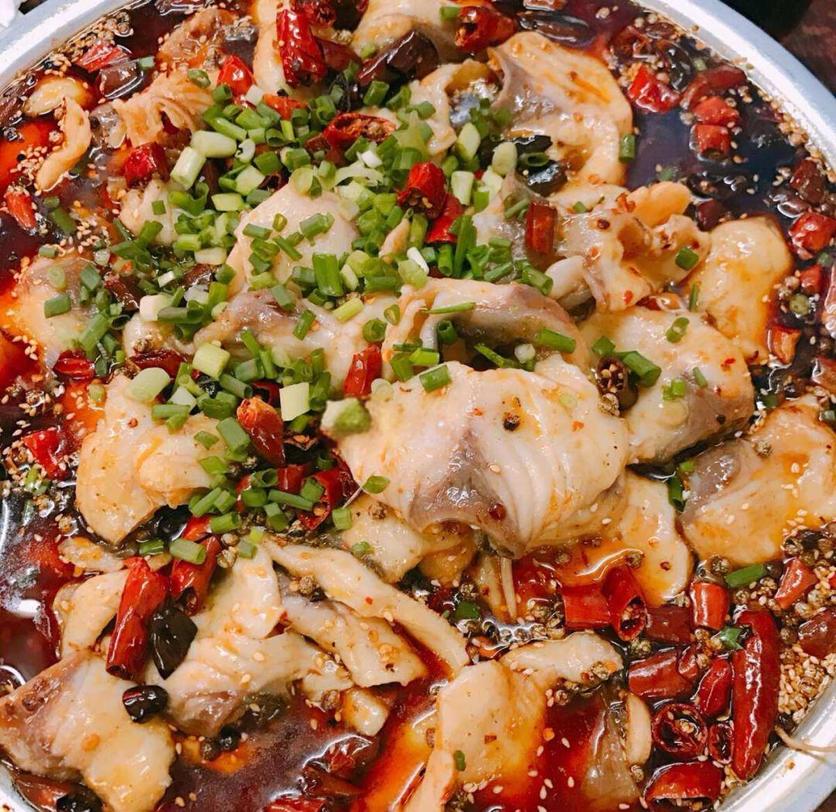Sichuan Boiled Fish — top-down view of the chili oil surface, dried chilies, Sichuan peppercorns, and bean sprouts visible beneath the red oil