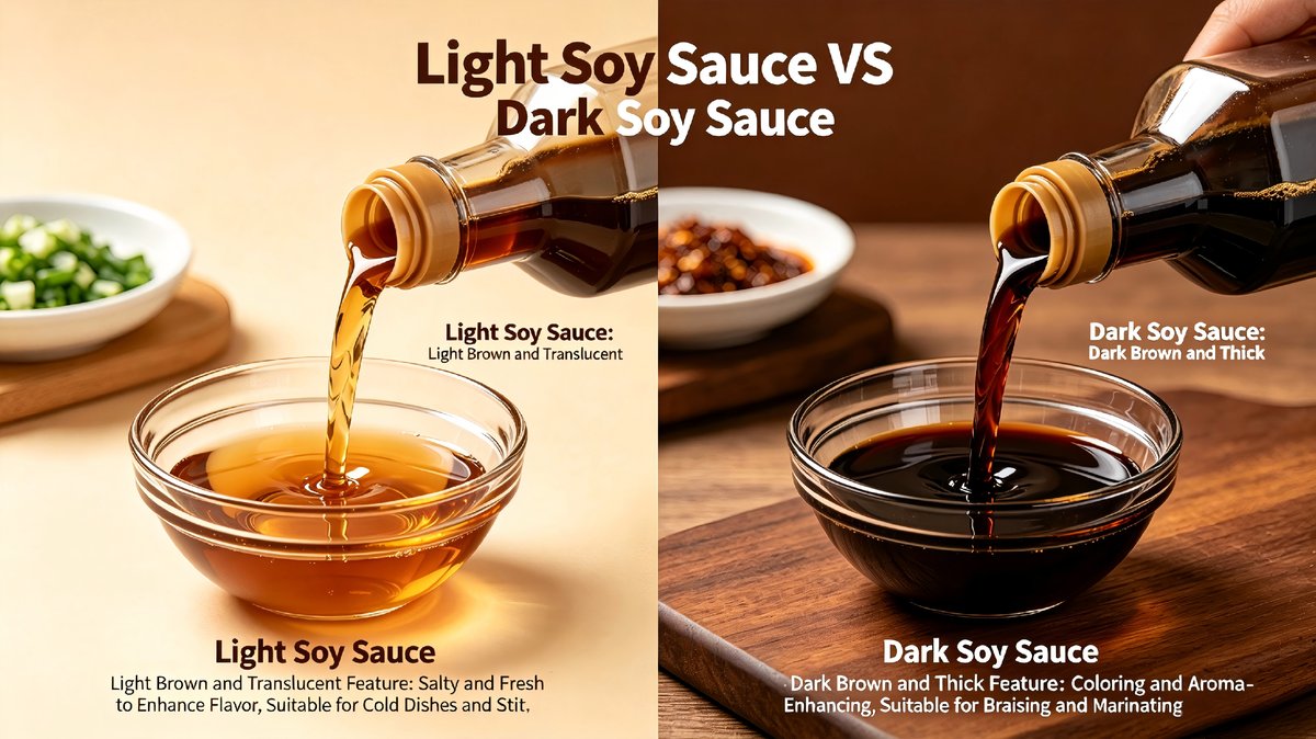 Light soy sauce and dark soy sauce side by side — light soy is thin and salty, dark soy is thick and used for color