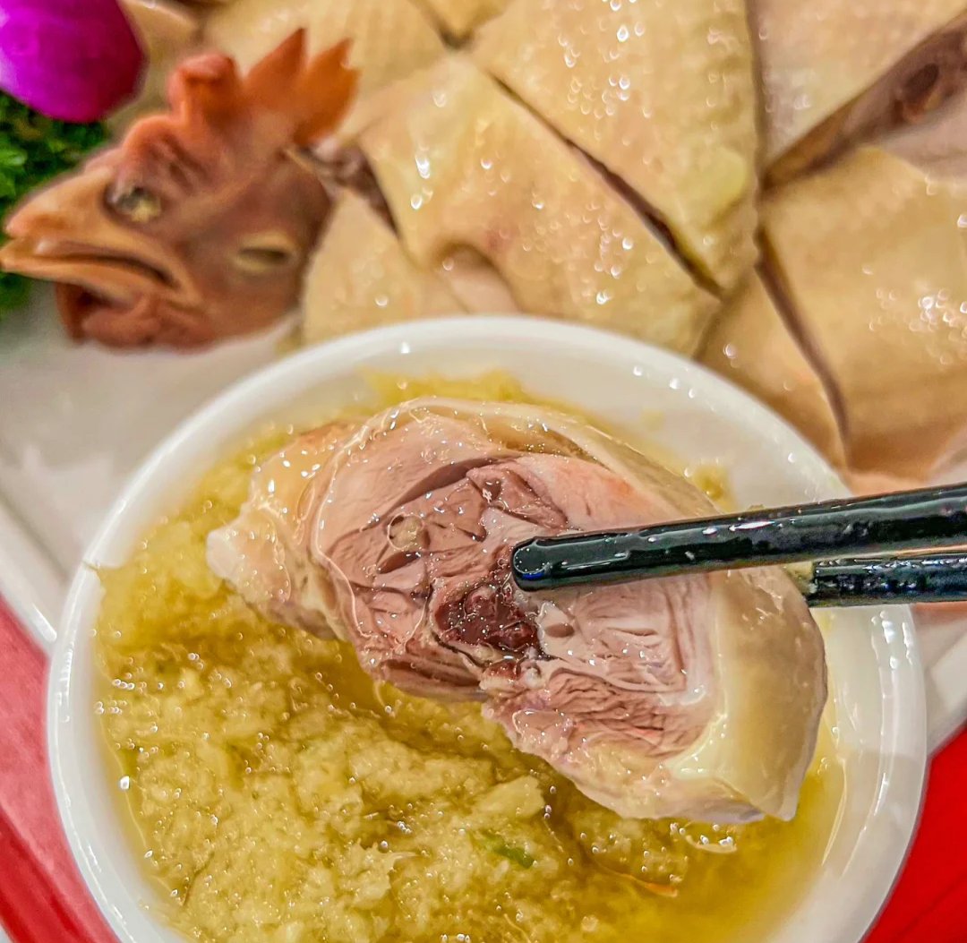 White Cut Chicken — cross section showing golden skin, jelly layer, and pink bone marrow