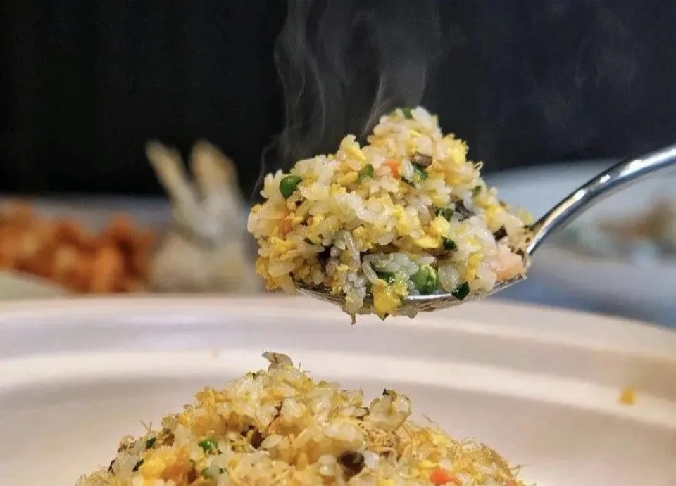 Close-up of individual rice grains coated in golden egg — each one distinct, no clumps, the &ldquo;gold wrapping silver&rdquo; technique visible