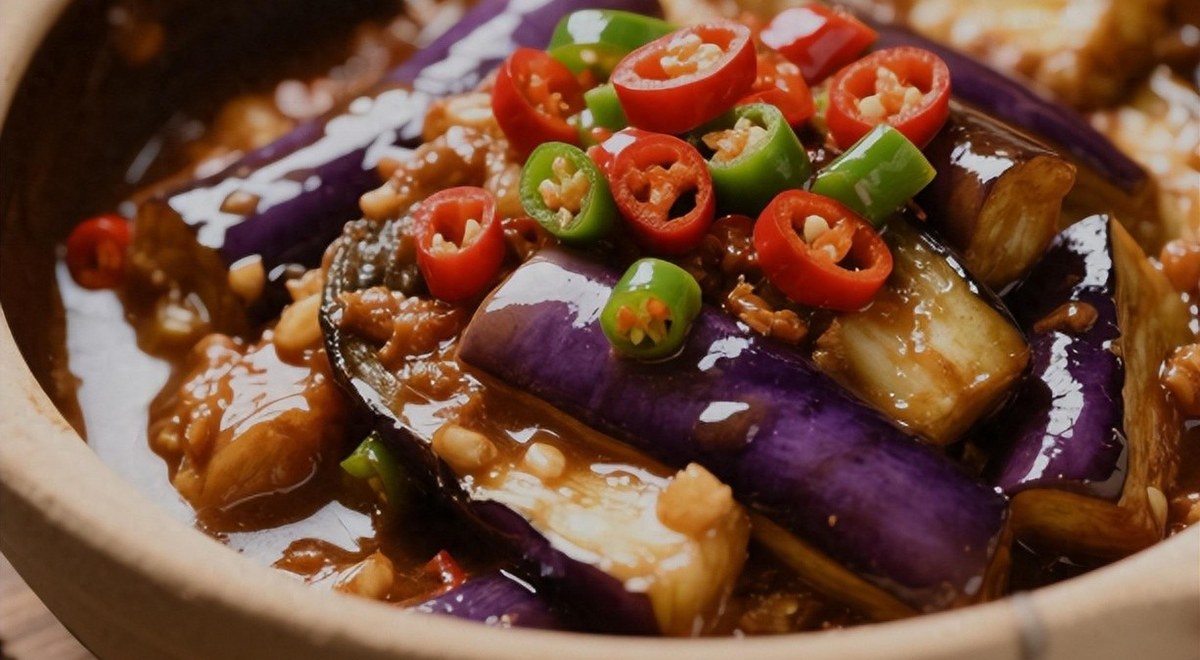 Fish-Fragrant Eggplant close-up — the soft, oil-sheened wedges under the sauce