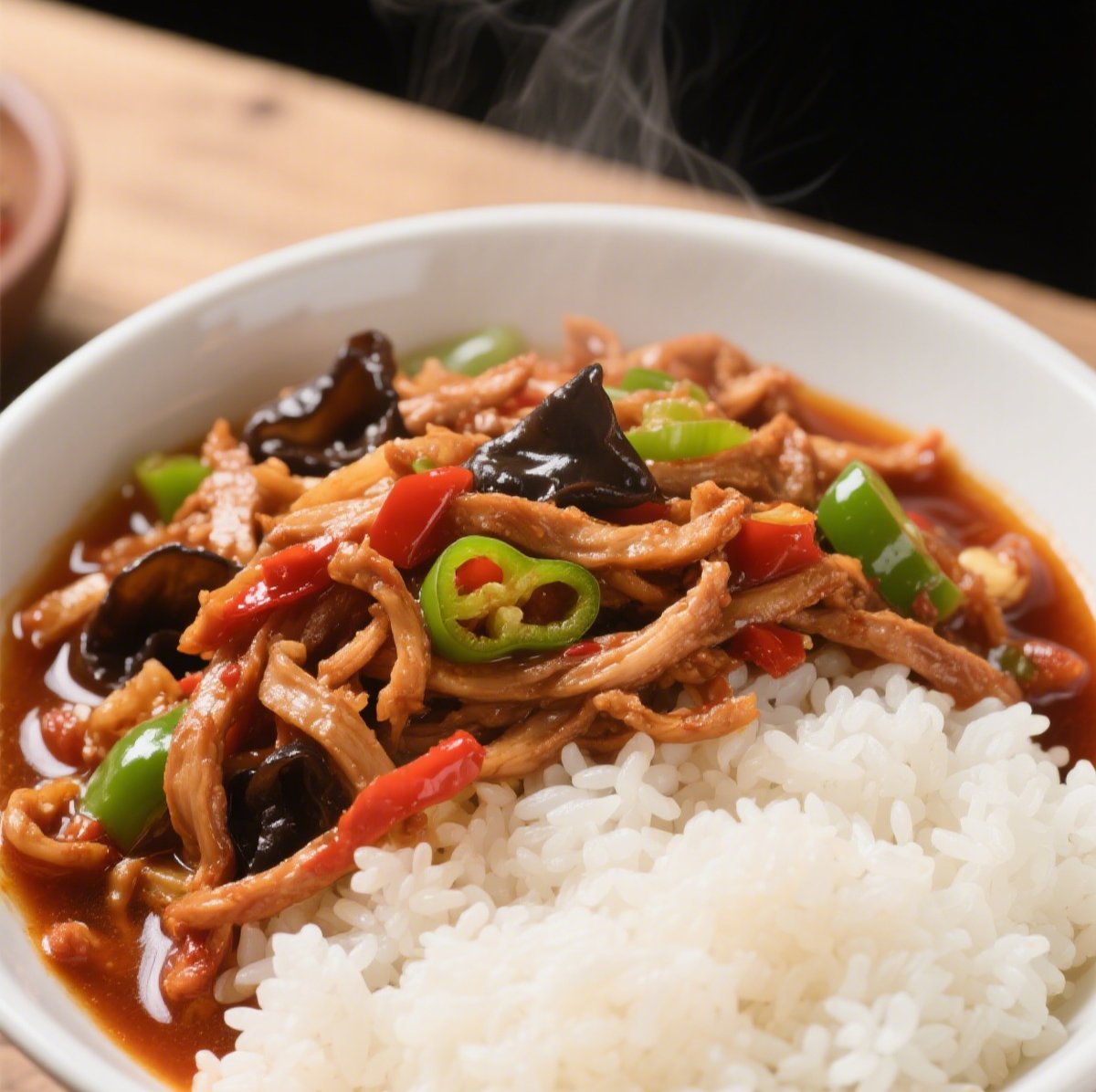 Yu Xiang Rou Si served family-style on a worn wooden table, chopsticks reaching in — the rice bowl is already half empty